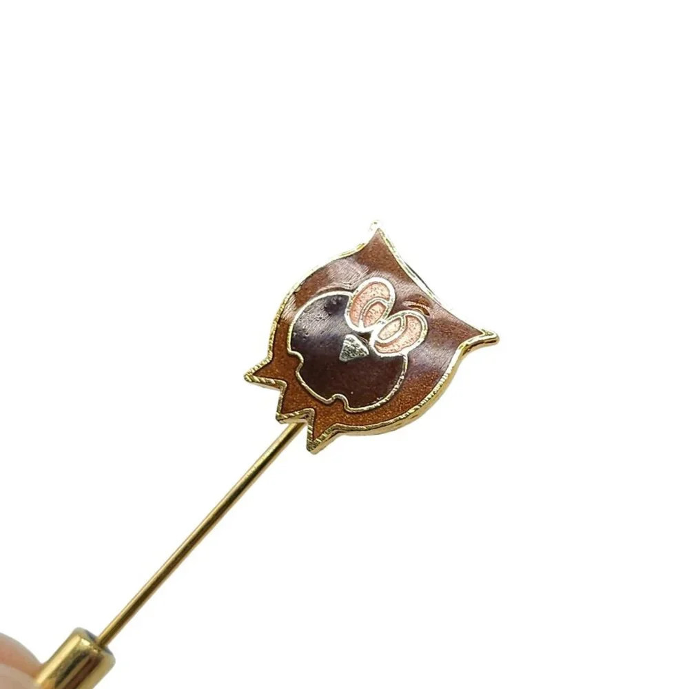 Brown Enamel Owl Hat Lapel Stick Pin Gold Tone Vintage